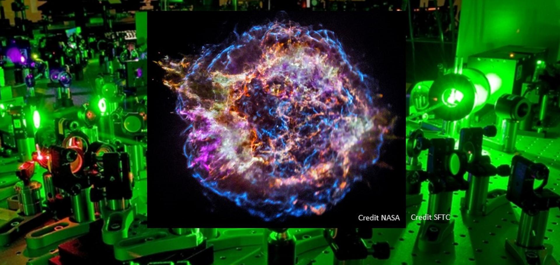 A CHANDRA image of the supernova remnant Cas A superimposed on the Gemini laser at the UK Central Laser Facility