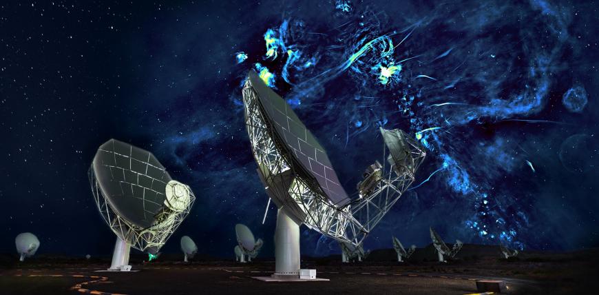 MeerKAT antennas against a backdrop of the Galactic Centre radio bubbles