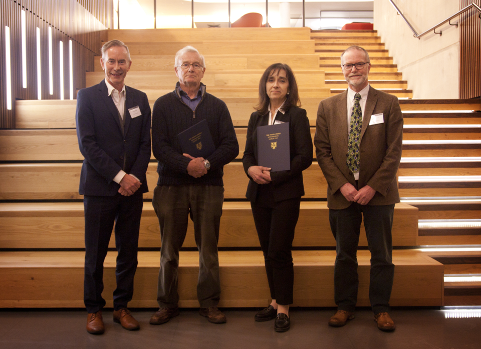 Head of Department Prof Ian Shipsey, Prof Frank Close, Dr Kim Budil, and Prof Peter Norreys (pictured left to right) in the foyer of the Beecroft Building shortly after the colloquium.