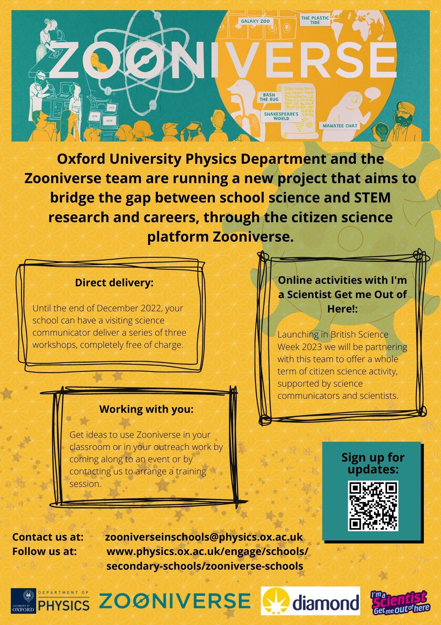 Flyer detailing ways to get involved with the Zooniverse in Schools project