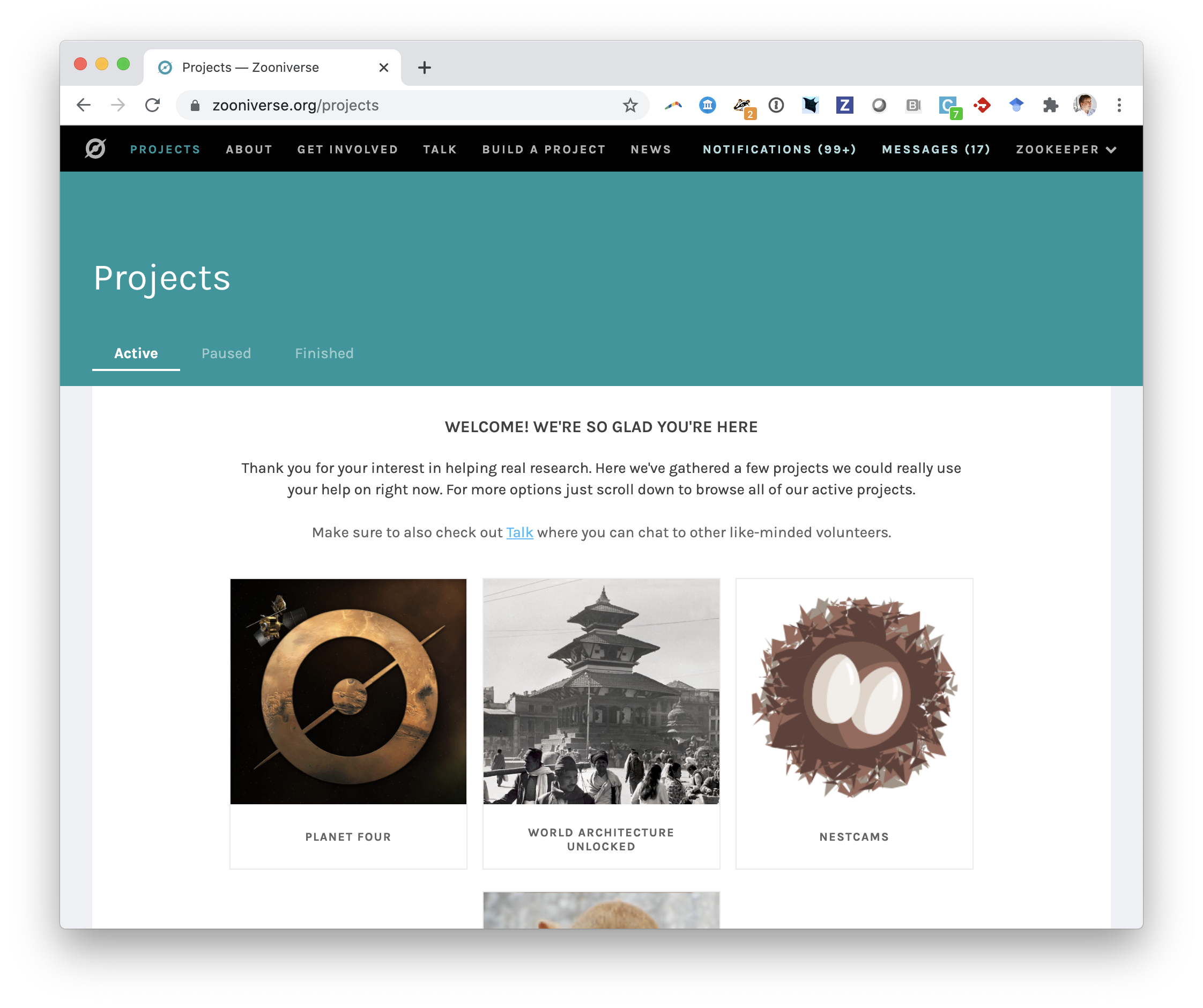 Zooniverse homepage showing possible projects