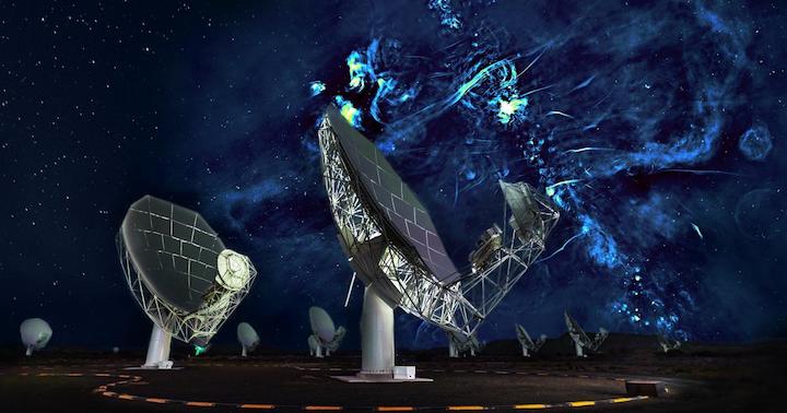 The MeerKAT radio telescope with the Galactic centre radio bubbles in the background