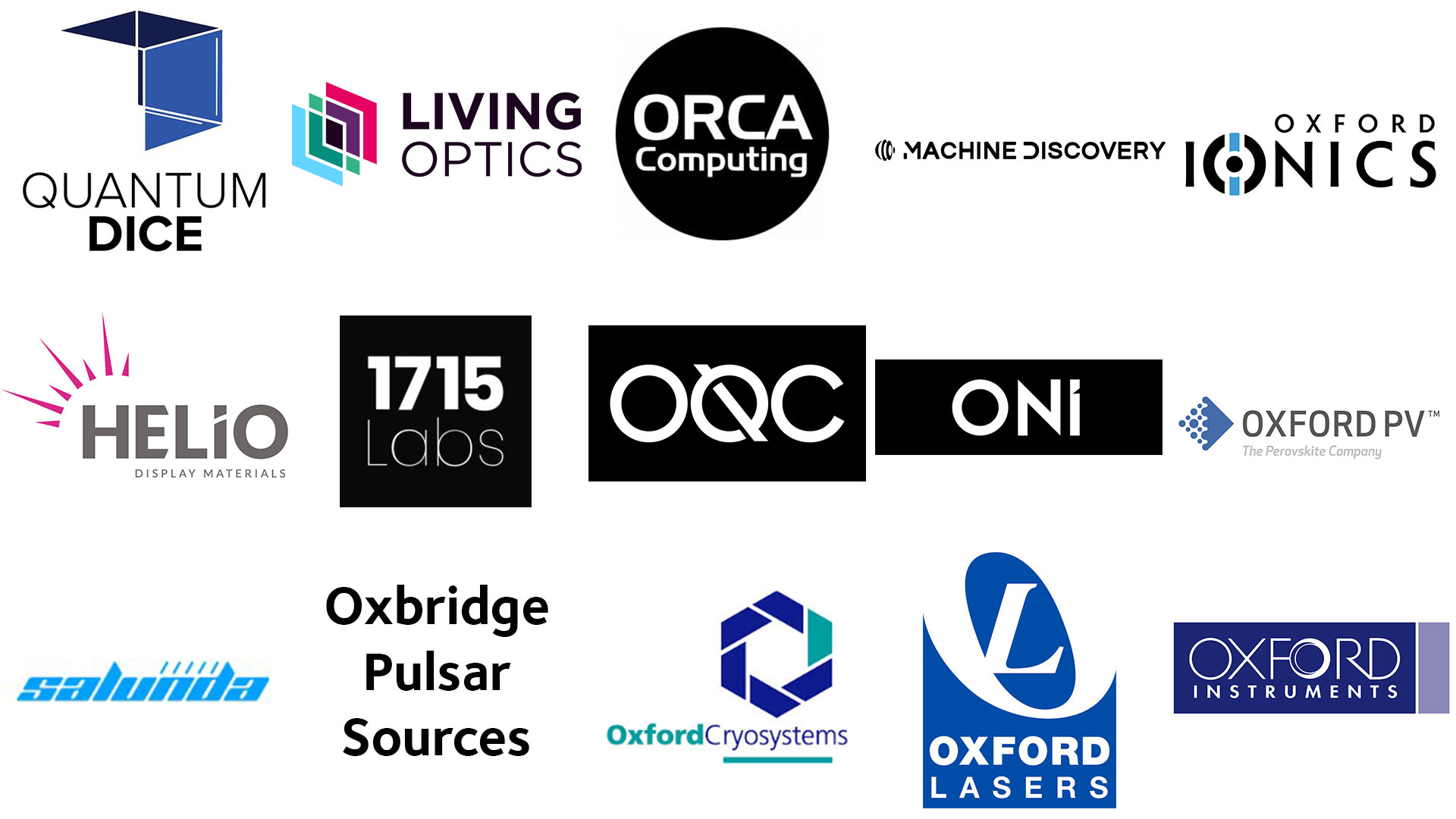 15 company logos (all spin-outs from Oxford's Department of Physcis): Quantum Dice, Living Optics, ORCA Computing, Machine Discovery, Oxford Ionics, Helio Display Materials, 1715 Labs, Oxford Quantum Circuits, Oxford Nanoimaging, Oxford Photovoltaics, Salunda, Oxbridge Pulsar Sources, Oxford Cryosystems, Oxford Lasers and Oxford Instruments