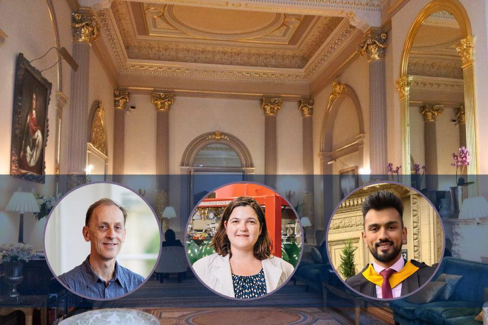 A view of the Drawing Room at the Oxford & Cambridge Club, plus portraits of the speakers.