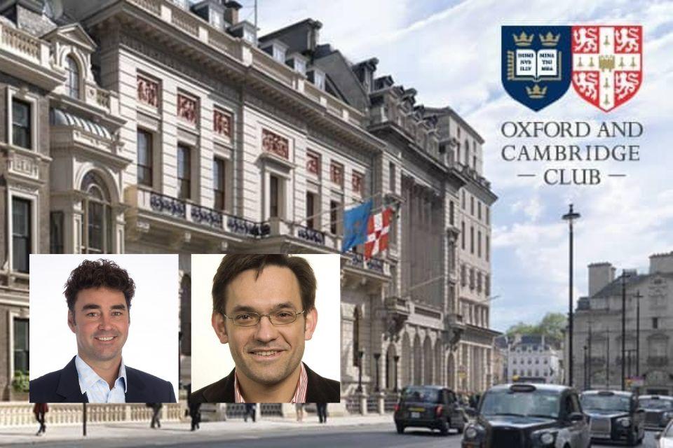 Image shows the Oxford and Cambridge Club in London, and the copyright is theirs. The portraits of the speakers has been added on top.