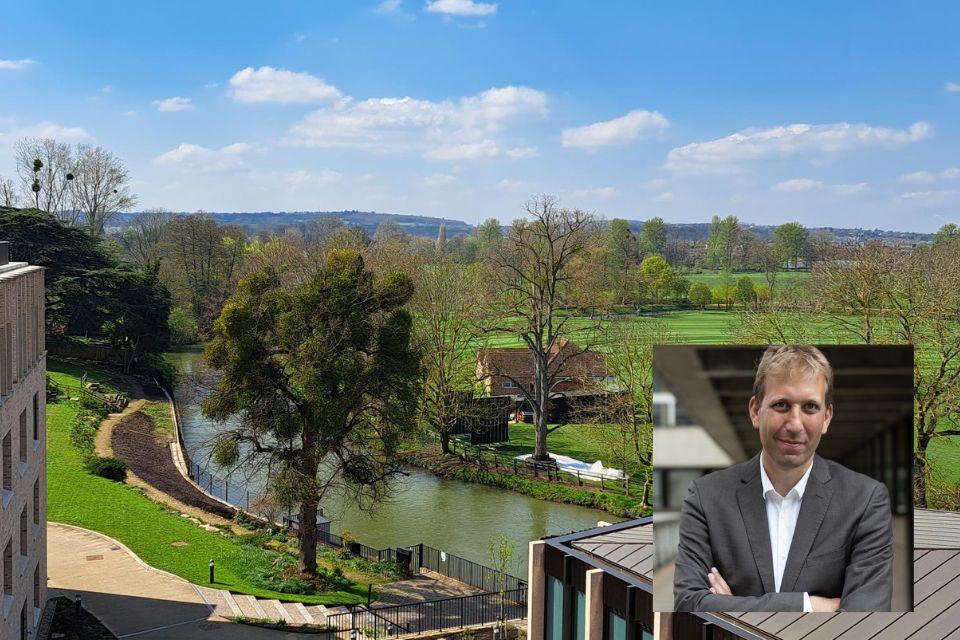 An aerial image of the river by St Hilda's College with a portrait of the speaker added on top in a corner of the image.