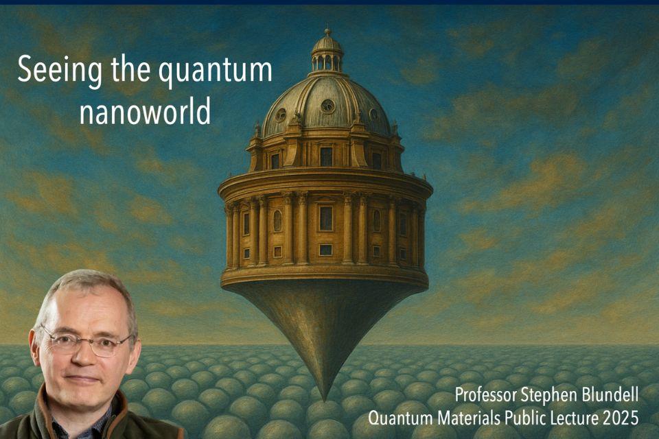 A portrait of Professor Stephen Blundell with a generated background