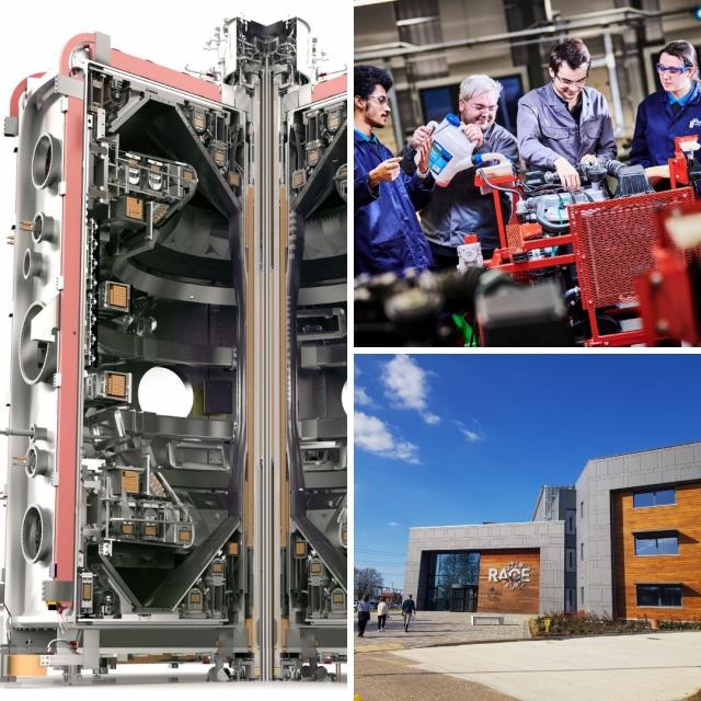 A collage including a cutaway illustration of MAST Upgrade, Apprentices at OAS and the outside of RACE building.