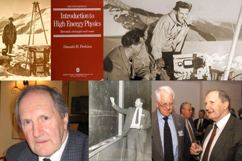 A collage of images of Don Perkins, his famous book, copyright: varied, CERN, Royal Society, internet and our own.