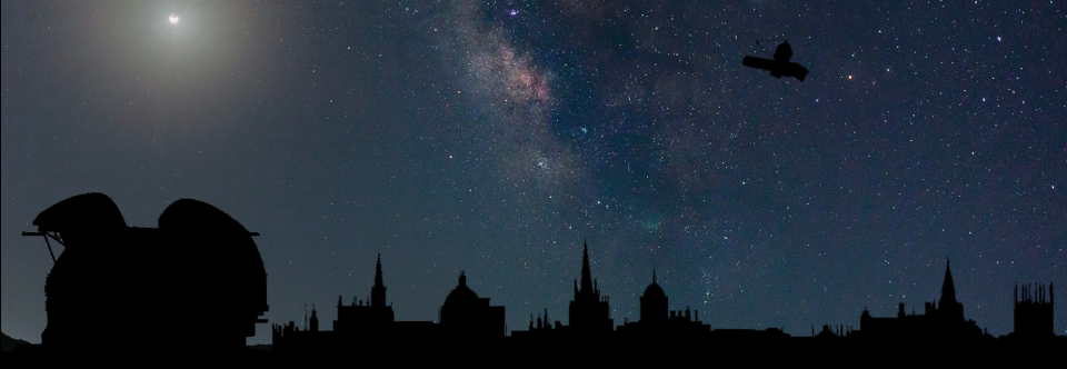 Composite image of the night sky with Oxford's skyline, the Extremely Large Telescope's and James Webb Space Telescope silhouette overlaid.