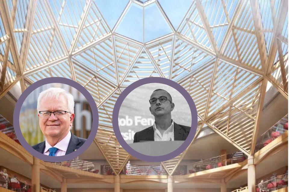 Portraits of professors Schmidt and Fender with a background image of the Schwarzman Centre for the Humanities