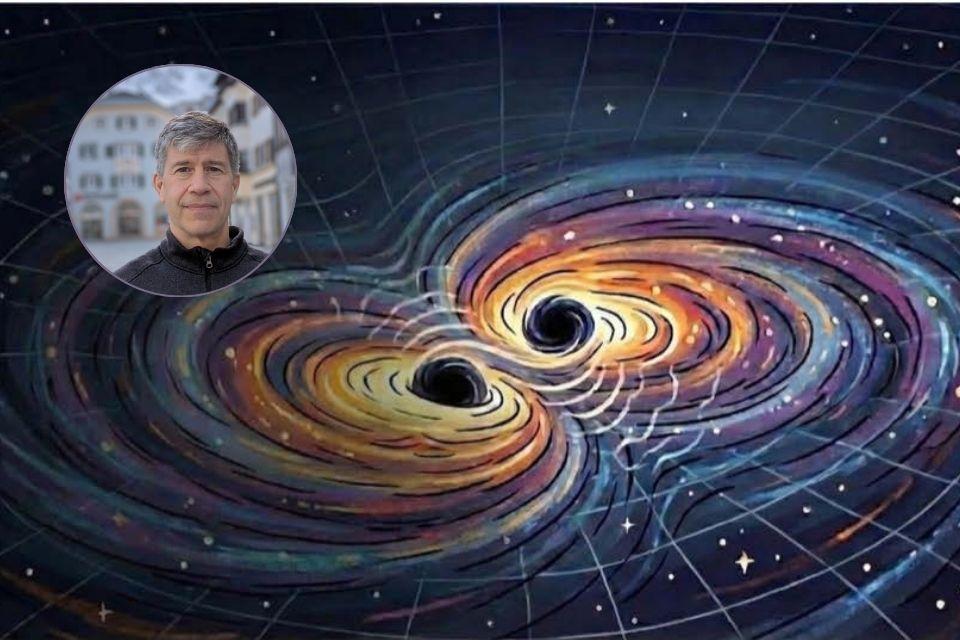 A portrait of Professor Matias Zaldarriaga,  IAS/Princeton University and an illustration of black holes