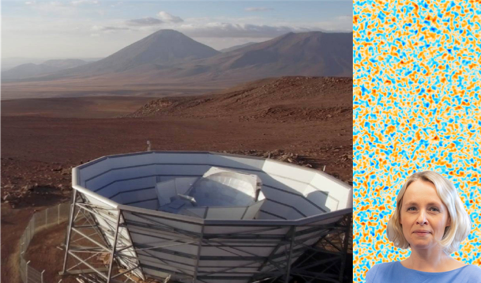 Telescope and CMB image & portrait image of Professor Jo Dunkley