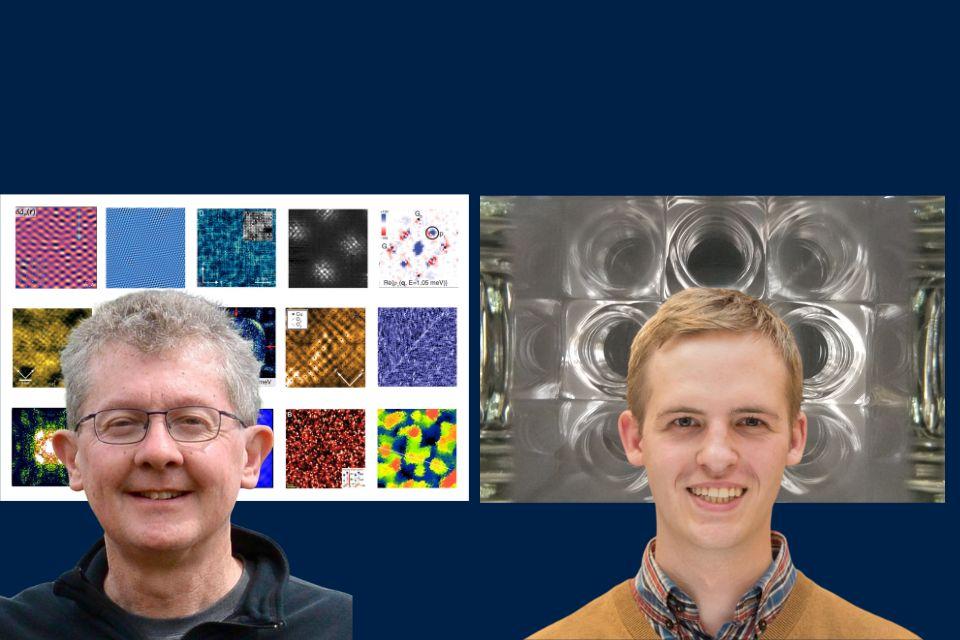 Image shows both guest speakers and on the background, a collage of images from their research labs