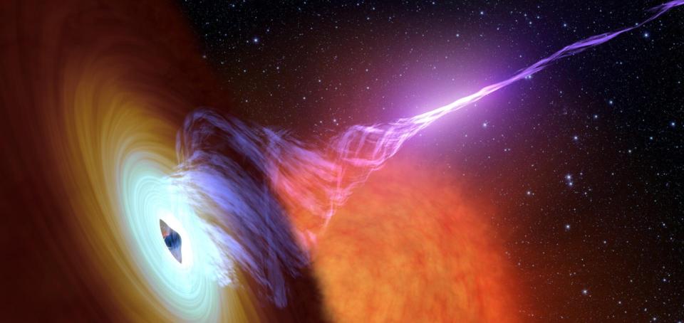 An artist's impression of a relativistic jet propagating away from a black hole at close to the speed of light. Such jets are formed by the inner regions of the accretion flow: matter flowing inwards towards the black hole, via processes which are not yet fully understood. The accretion flow emits primarily in X-rays, the relativistic jet in the radio band: by combing observations in each band we can try and understand how such jets form and how much energy they carry away from the black hole.