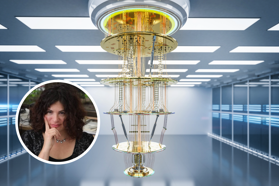 Image of quantum computer with profile picture of speaker Dorit Aharonov