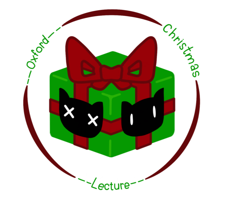 schrodinger's cat's box made to look like a christmas present alongside the text "Oxford Christmas Lectures"