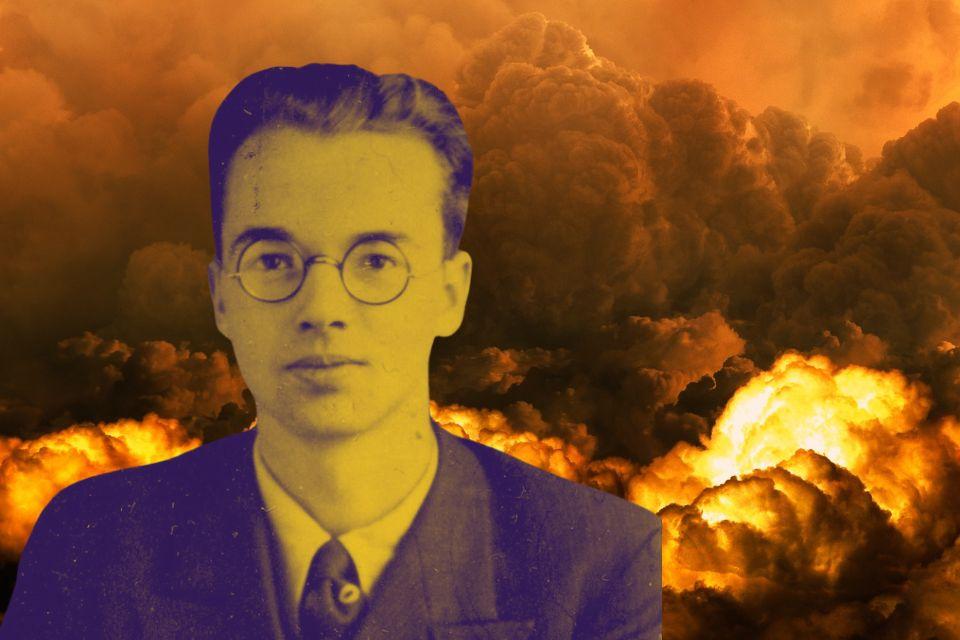 Collage showing Police photograph of physicist Klaus Fuchs (source Wikipedia) with a background of the atomic bomb explosion.