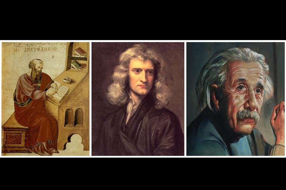 Portraits of three eminent thinkers in physics