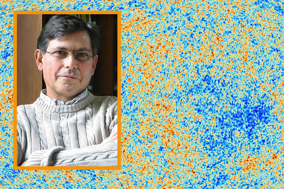 Cosmic microwave background with headshot of Professor George Efstathiou headshot