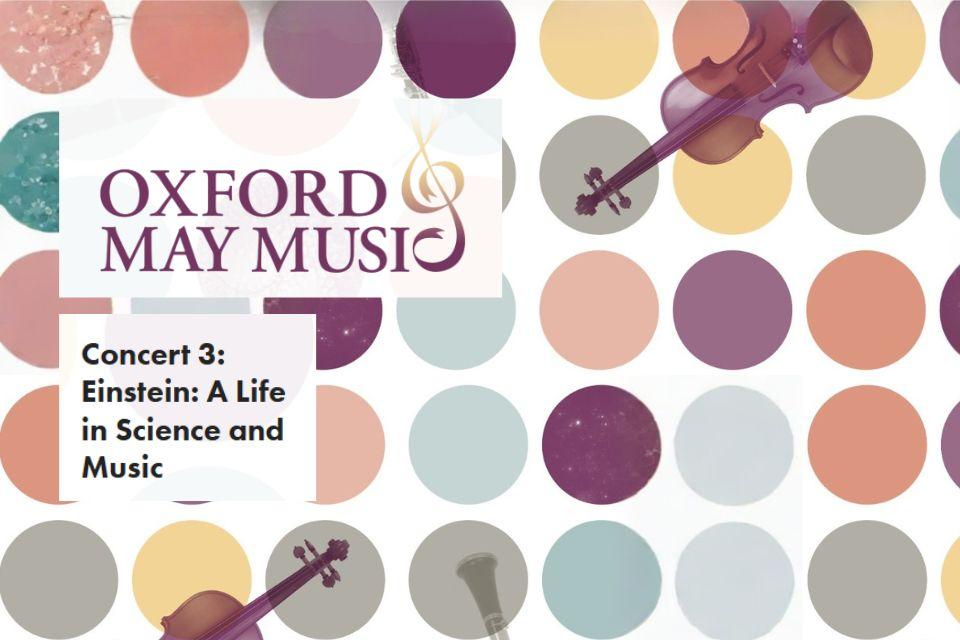 a collage of images from the official website of Oxford May Music, showing the titles and a background of coloured dots.