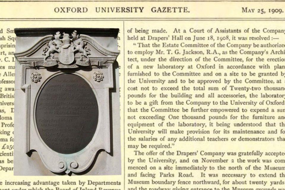 Image shows the plaque outside the Townsend Building and on the background, an extract from the Gazette at the time of the building works.