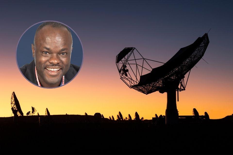 Portrait image of Professor Chibueze (copyright unisa.ac.za). Background photo credit: SKAO/Max Alexander