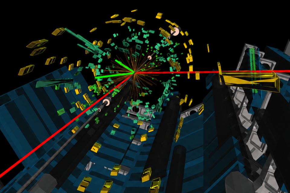 About the event display: Candidate event display of the ZH → μμcc process. The Z boson decays into two muons, shown as red tracks producing hits (green) in the endcap muon chambers. The Higgs boson decays to two charm quarks, resulting in two charm-tagged jets (blue cones) with associated energy deposits in both the electromagnetic (green) and hadronic (yellow) calorimeters.