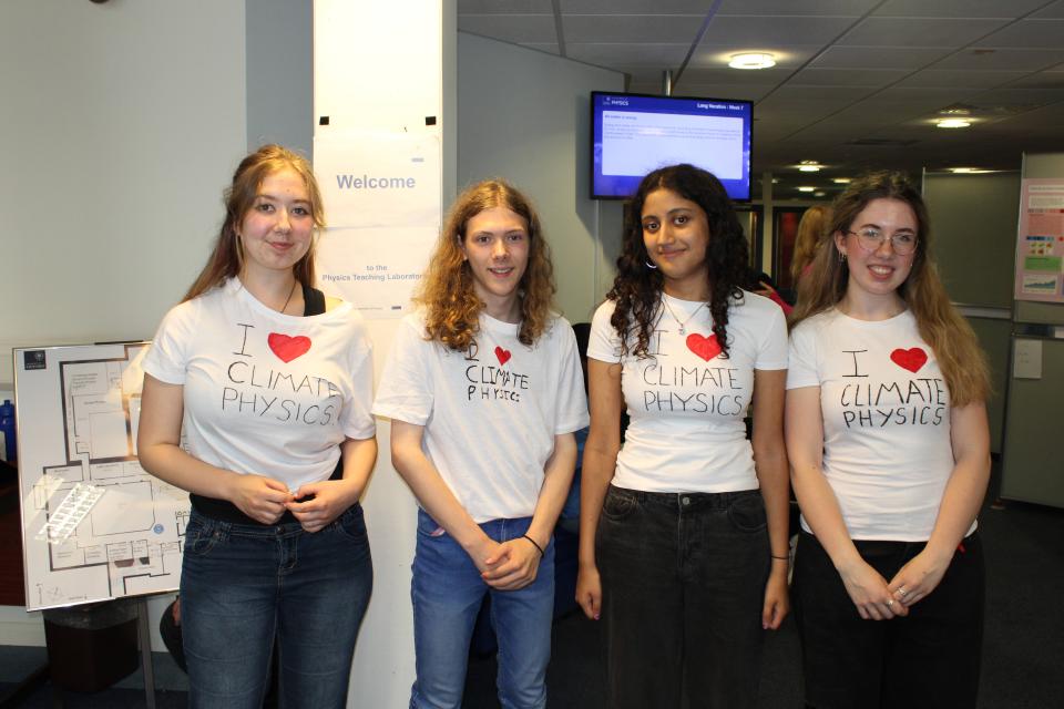Student wearing t-shirts they made with the text "I love climate science£