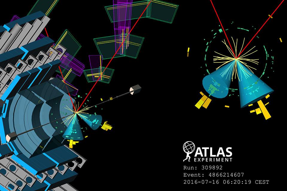 Figure 1: Candidate event for a Higgs decay to charm quarks. The two charm-tagged jets are shown as blue cones, and the two muons from a possible decay of a Z boson are shown in red. 