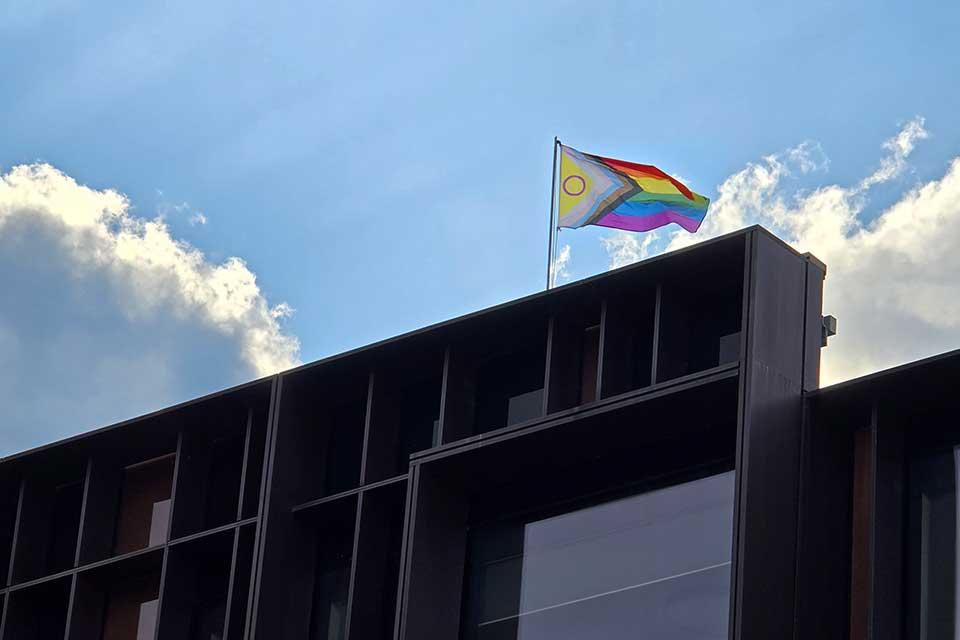 Pride flag flying above the Beecroft building