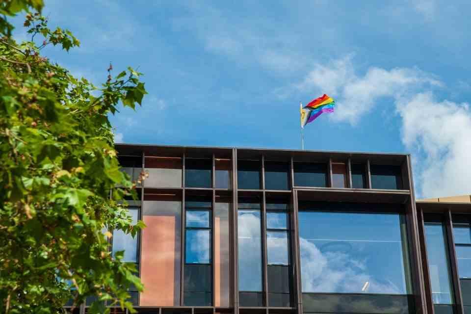 Pride flag flying above the Beecroft building