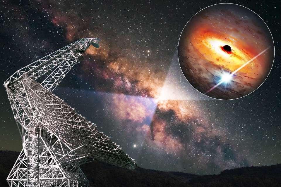 Artist's impression of the Green Bank Telescope gathering data on the centre of the Milky Way. The inset image shows the black hole at our Galaxy's center, and a nearby candidate (unconfirmed) pulsar.