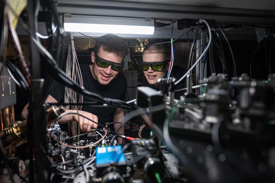 Dougal Main, left, and Bethan Nichol in the lab