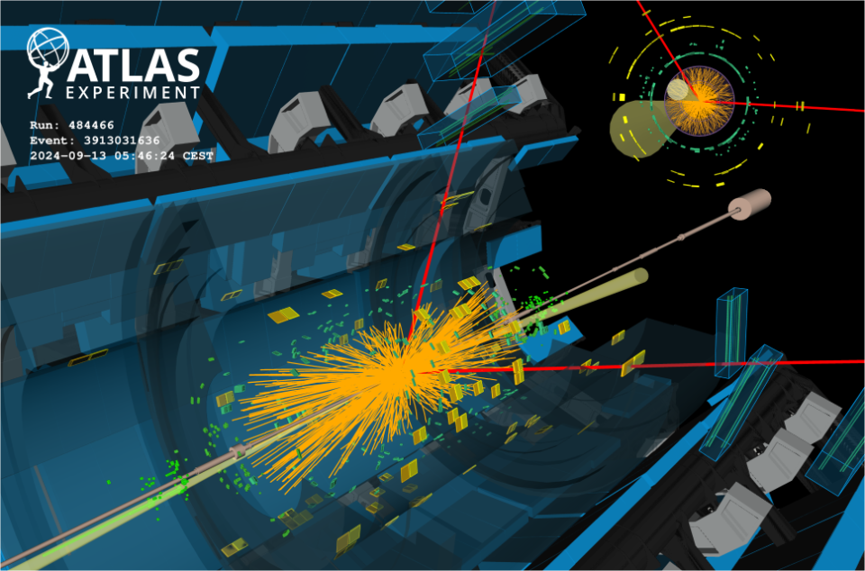 Event display of a candidate Higgs boson decaying to two muons (H→μμ), shown as red tracks in the detector. (Image: ATLAS/CERN)