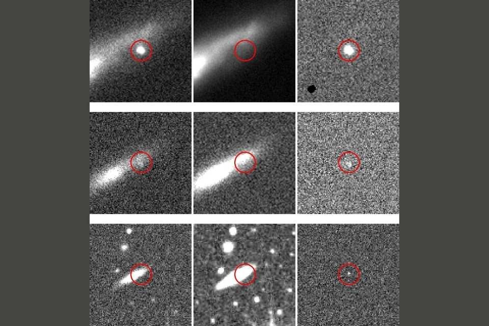 The same transient event shown in three surveys, with rows corresponding to Pan-STARRS (top), MeerLICHT (middle), and ATLAS (bottom).