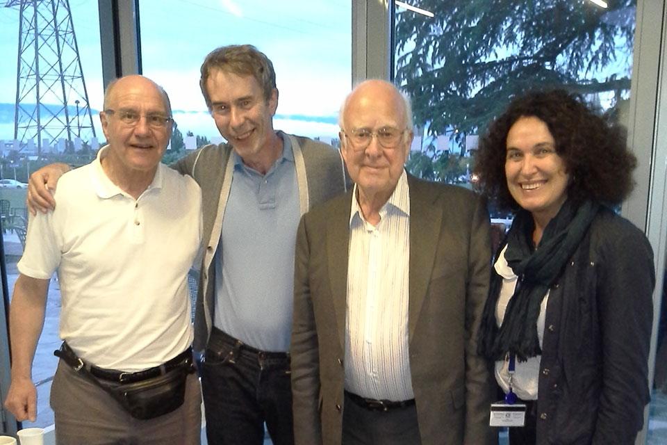 From left to right: Alan Walker, Ian Shipsey, Peter Higgs, Daniela Bortoletto