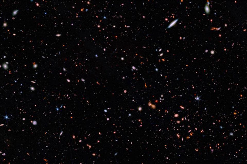 Image taken by the James Webb Space Telescope; the area is in and around the Hubble Space Telescope’s Ultra Deep Field. 