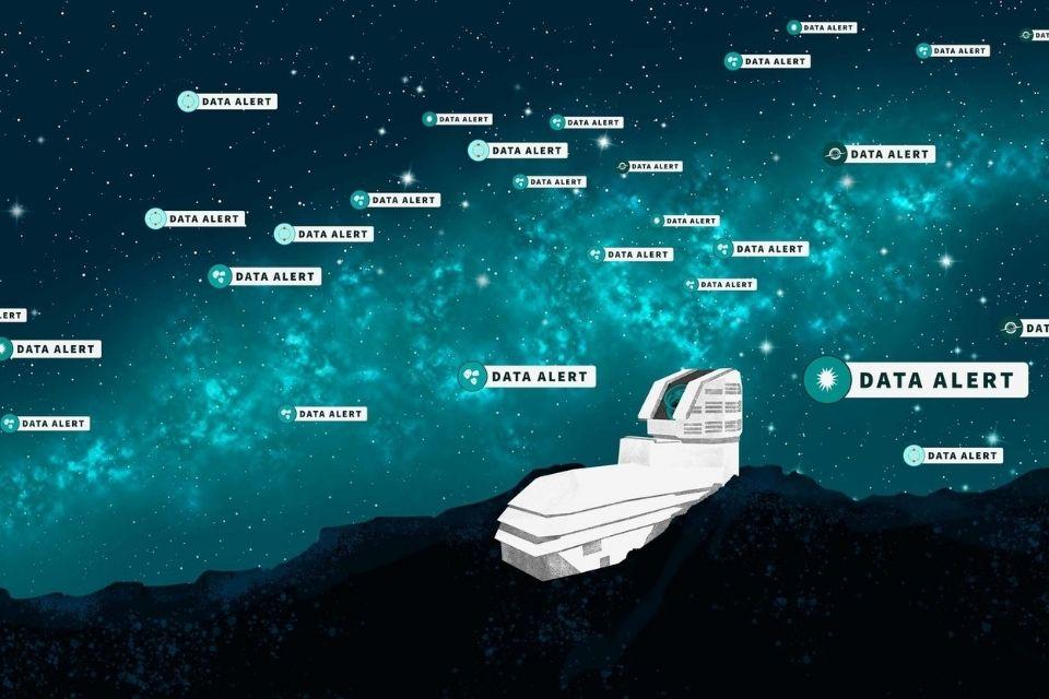 This artist’s illustration represents the start of the alert stream from NSF–DOE Vera C. Rubin Observatory.