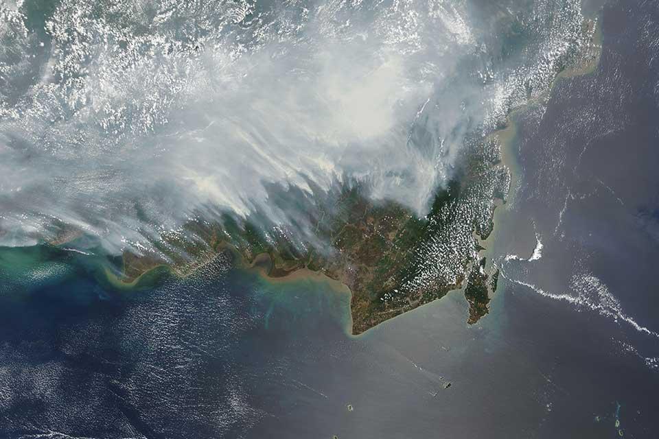 Satellite image of smoke plumes over Kalimantan, Indonesia during the massive peat fires of October 2015