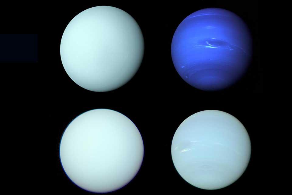 The top row shows images of Uranus, left, and Neptune, right, from Voyager 2 in 1986 and 1989; the bottom row shows a reprocessing of the individual filter images in the study to determine the best estimate of the planets' true colours.