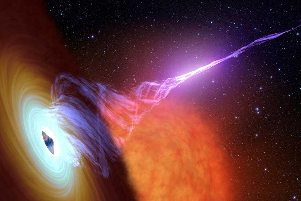 Artist’s rendering of a black hole emitting a jet of hot gas known as plasma.