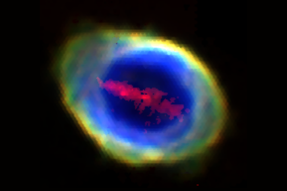 A composite RGB image of the Ring Nebula (also known as Messier 57 and NGC 6720) constructed from four WEAVE/LIFU emission-line images. The bright outer ring is made up of light emitted by three different ions of oxygen, while the ‘bar’ across the middle is due to light emitted by a plasma of four-times-ionised iron atoms.