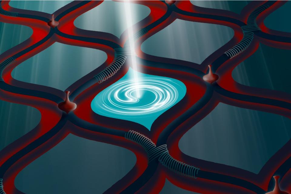 Lattice pattern with circular movement in the centre. Bright light shining straight out perpendicular to the pattern.