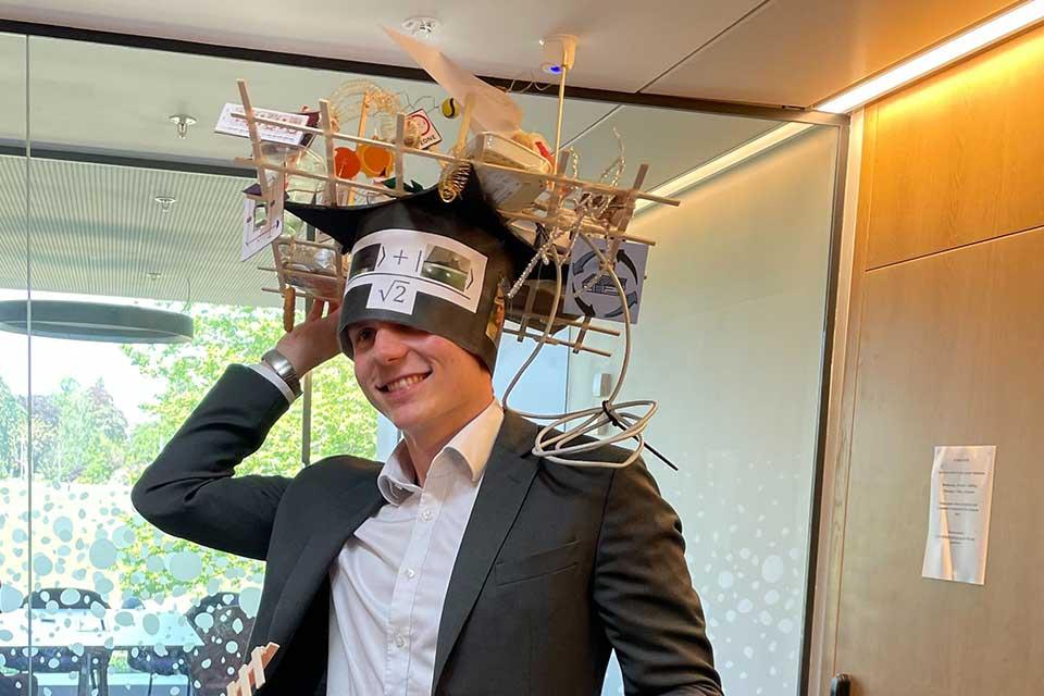 Sebastian Saner wearing his 'DIY DPhil hat'