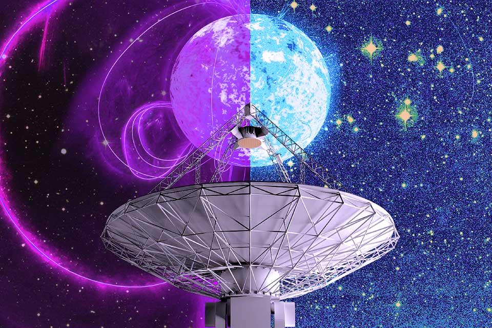 Artist's depiction of CSIRO's ASKAP radio telescope with two versions of the mysterious celestial object.