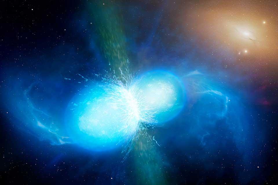 This artist’s impression shows two tiny but very dense neutron stars at the point at which they merge and explode as a kilonova