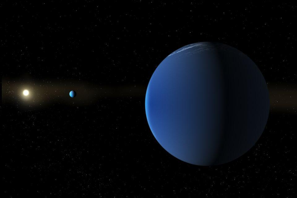 This illustration depicts the Sun-like star TOI-791 and two giant planets