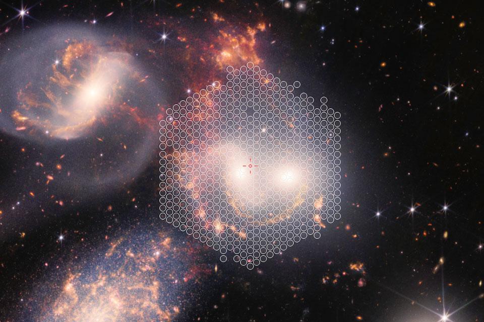 The JWST image with the WEAVE LIFU pointing at Stephan's Quintet for the first-light observation.