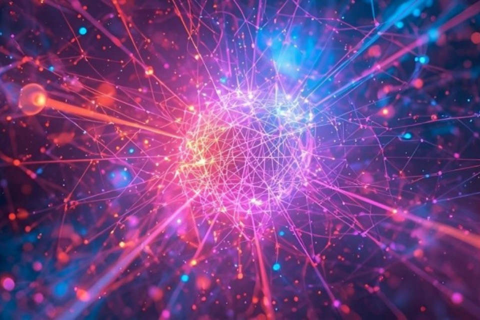 Colourful image of particles and network depicting quantum computing. 